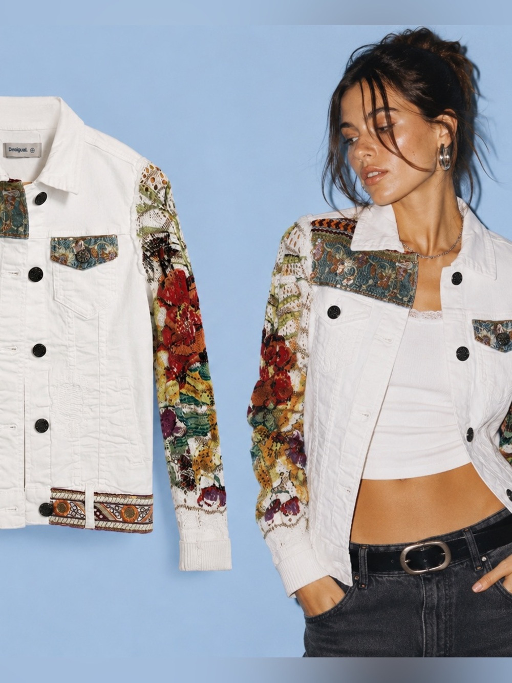 Desigual White Denim Jacket with Multicolor Floral Embroidery Crochet Bohemian